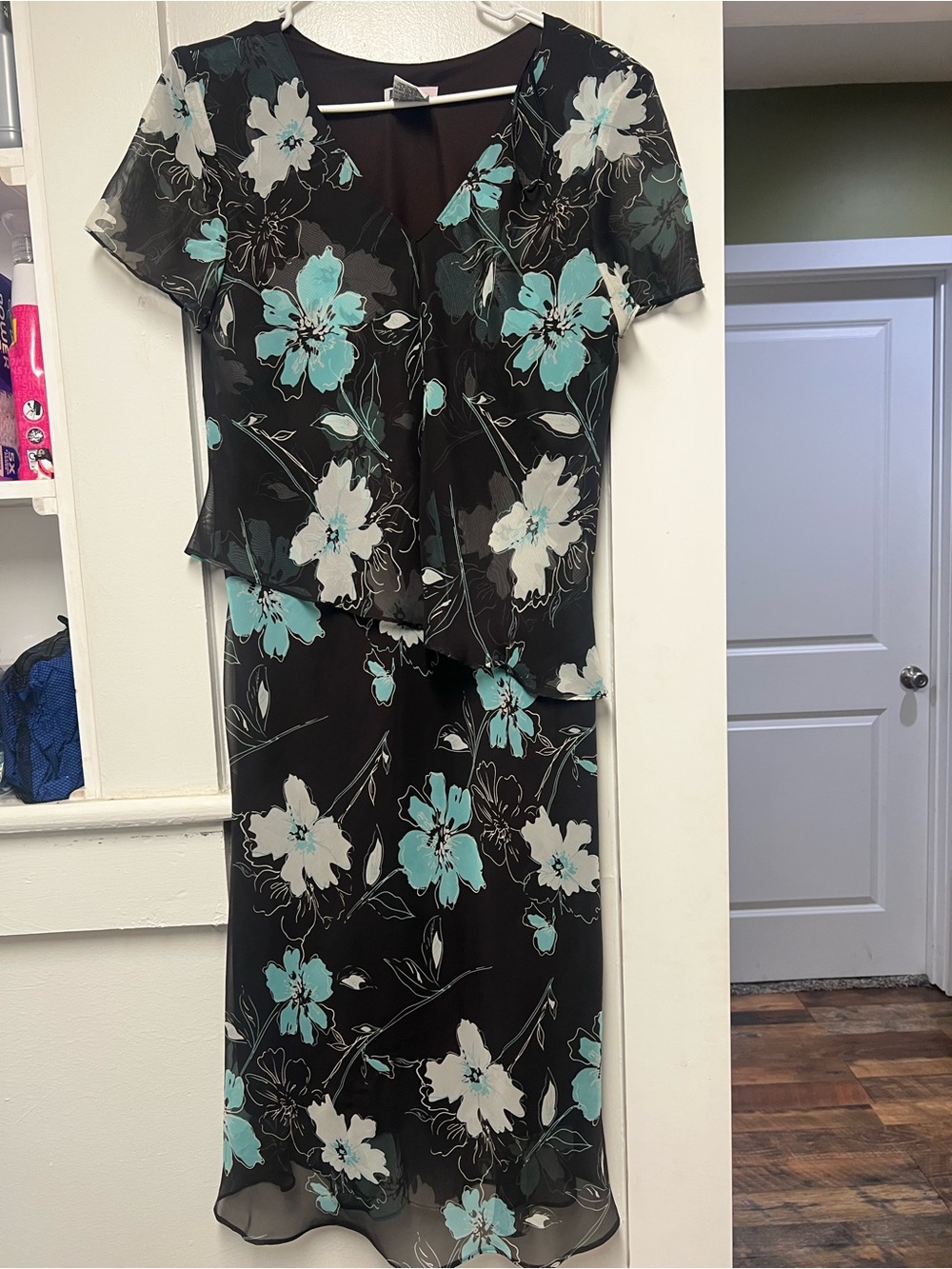 R&K Black Midi Dress with Aqua and White Floral Print